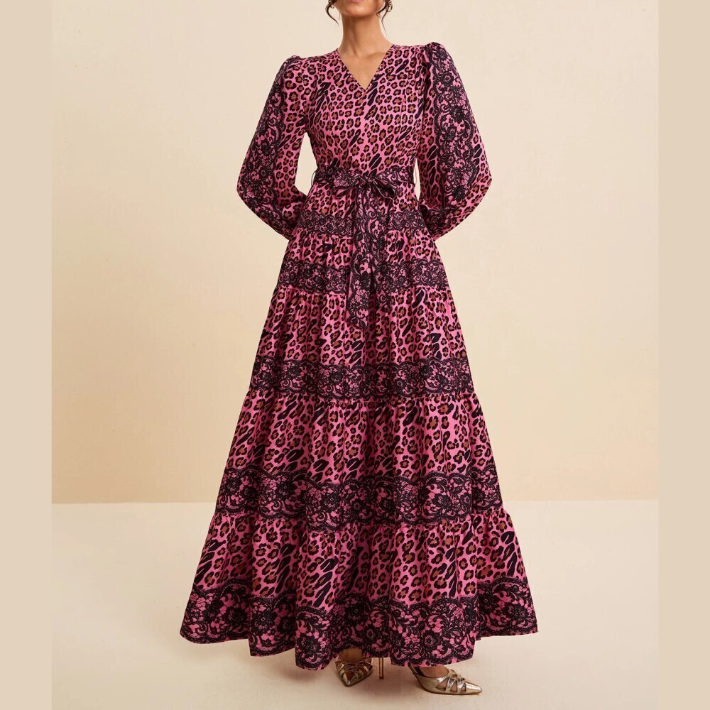 Pink Leopard Print Lace Trim Tiered V Neck Belted Maxi Dress